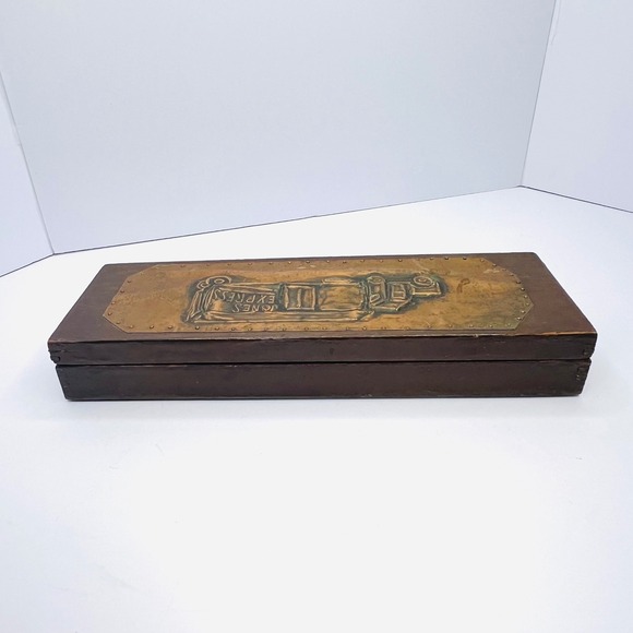 Vintage Handmade Wooden Pencil Box With Copper Bas-Relief Design Truck Transport - Picture 13 of 13